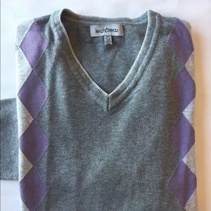 Le Chateau Men V- Neck Sweater Grey / Purple Argyle Print Small